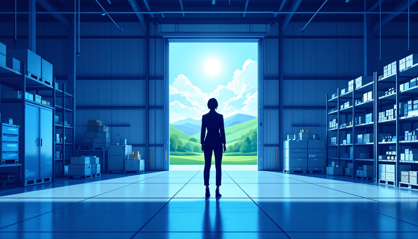 Business owner looking out from an organized facility toward an open landscape